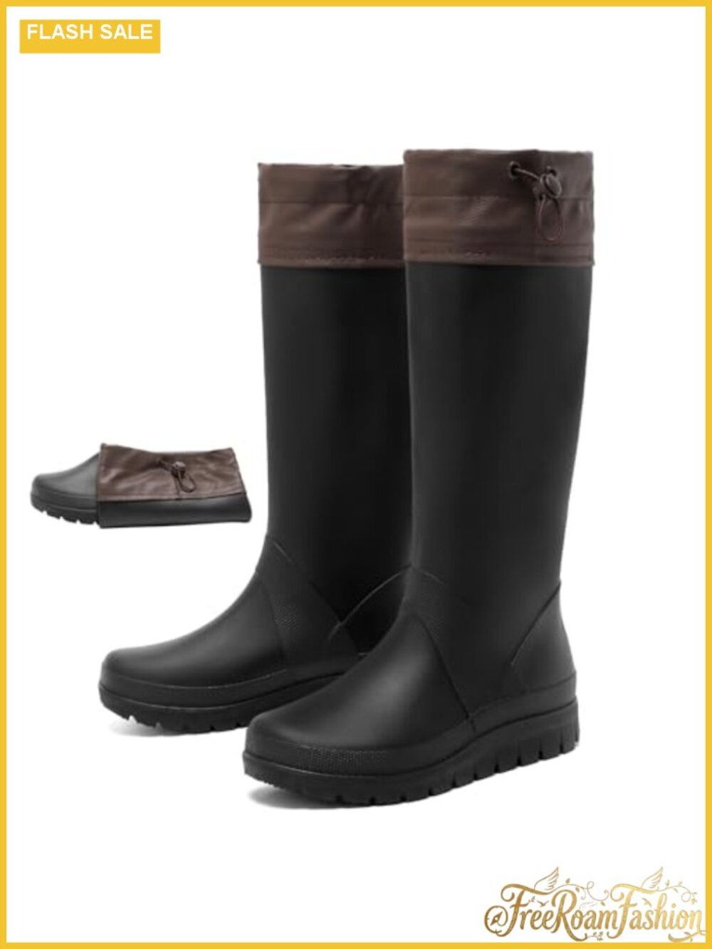 Women's Tall Waterproof Knee-High Rubber Rain Boots Foldable Lightweight